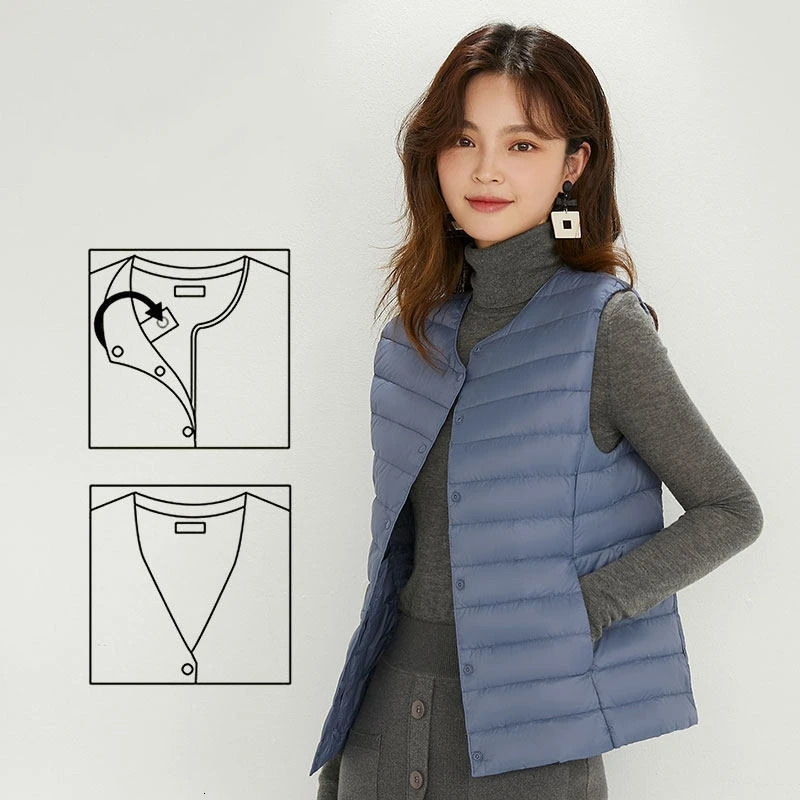 Women Sleeveless Puffer Vest Womens Ultra Light Down Vest Women Two Ways Waistcoat Portable Warm Sleeveless Winter Liner 251029