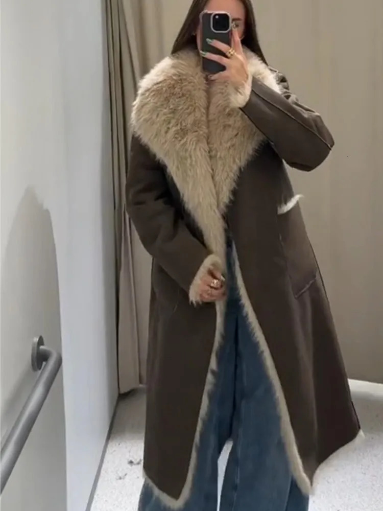 Double Sided Woolen Long Coat Fur Leather Patchwork Warm Thicken Lapel Wear On Both Sides Overcoat Women Fluffy Outwear Top 251028