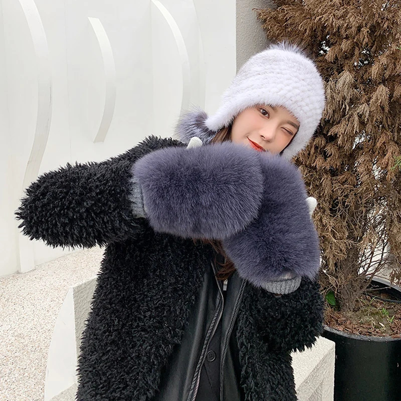 Women 100 Real Knitted Thick Genuine Fox Fur Mittens Winter Warm Lady Real Fur Gloves Knit Fur Mitten 251029
