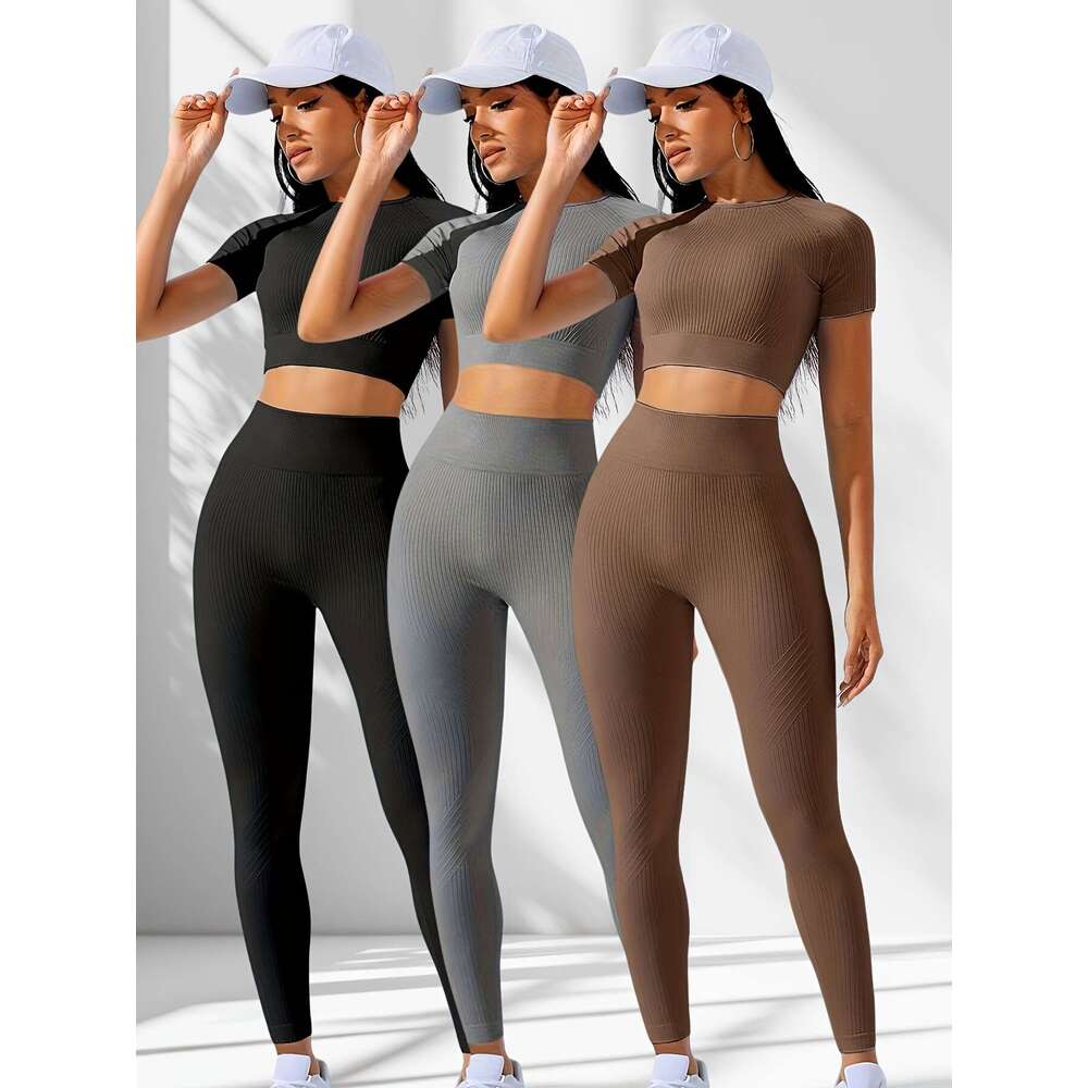 3 Sets Women's High-Waisted & Running Leggings Mid Neck Short Sleeve Workout Tops, Medium Stretch Solid Color Activewear For Gym, Training, Daily
