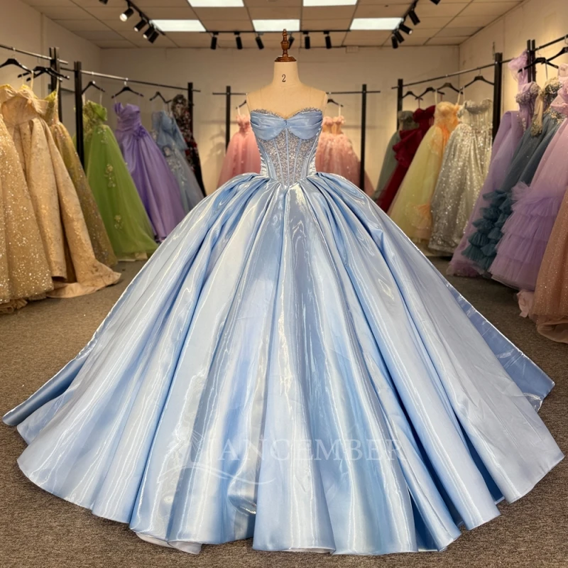 Light Blue Shiny Quinceanera Dresses Off The Shoulder Beading Corset Party Birthday Sweet 16 Dress Vestidos De 15 Anos