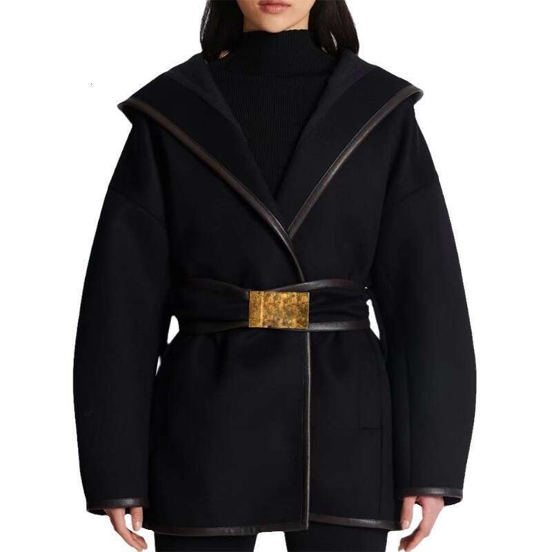 2025 New Celebrity Hooded Belted Batwing Sleeve Mid-Length Woolen Jacket Coat
