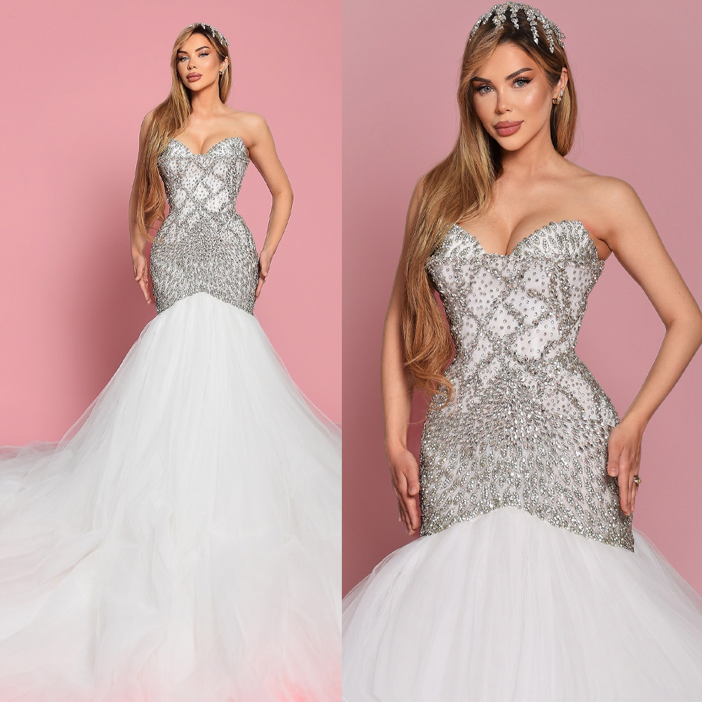 Sparkly Mermaid Wedding Dress Sweetheart Neck Sleeveless Bridal Gowns Crystal Sweep Train Dresses Custom Made vestidos de novia