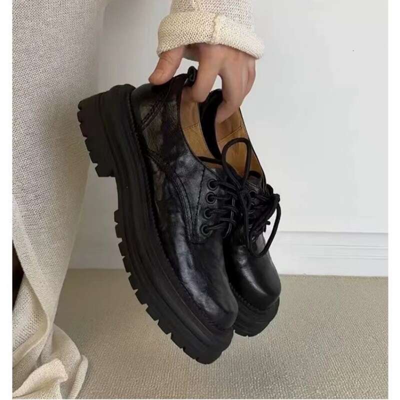 British Style Cross Lace Designer Shoe Genuine Leather Thick Sole Women's Loafers 2025 Autumn Round Toe Chunky Heel Single Shoes