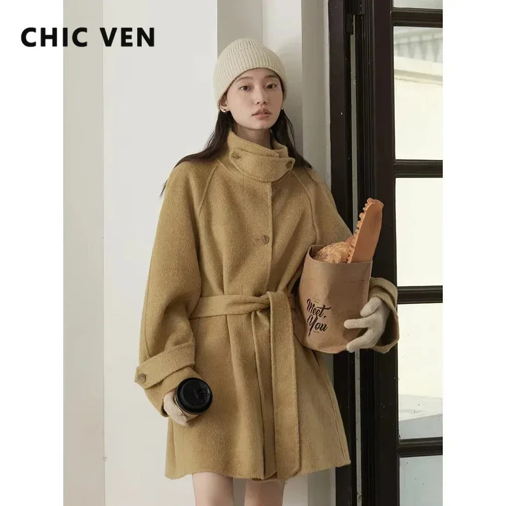 CHIC VEN Korean Women Woolen Coat Single Breasted Loose Stand Collar Belt Long Doublesided Ladies Overcoat Autumn Winter 251028