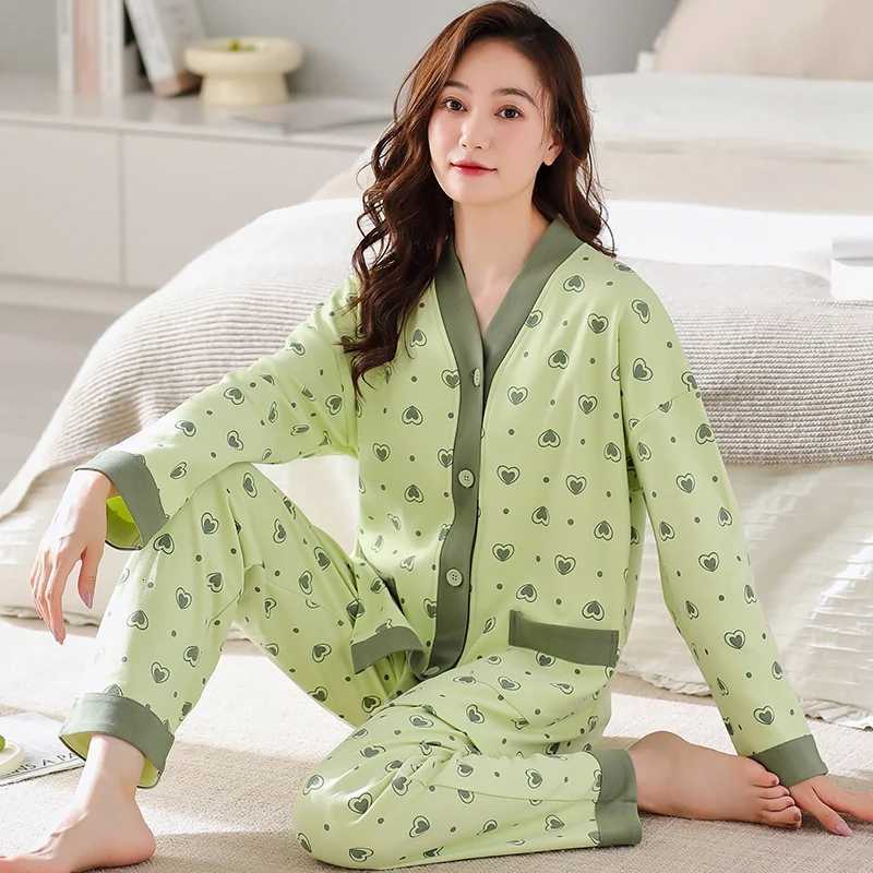 Autumn Women VNeck Pajamas Sets Fashion Print Cotton Female Pyjamas Two Pieces Shirts Pants Nighties Big Yards 5XL SleepwearT251029