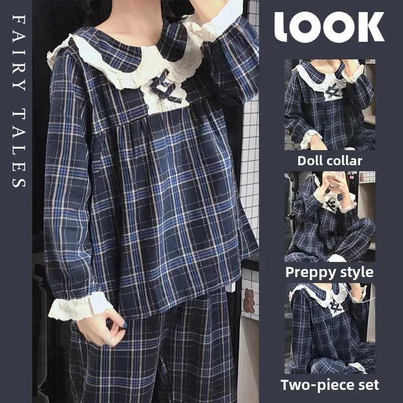 Night Wear Woman Sexy Sweet College Style Pajamas Women Long Sleeve Lace Doll Collar Gradient Grid Loungewear Long Sleeve TrousT251029