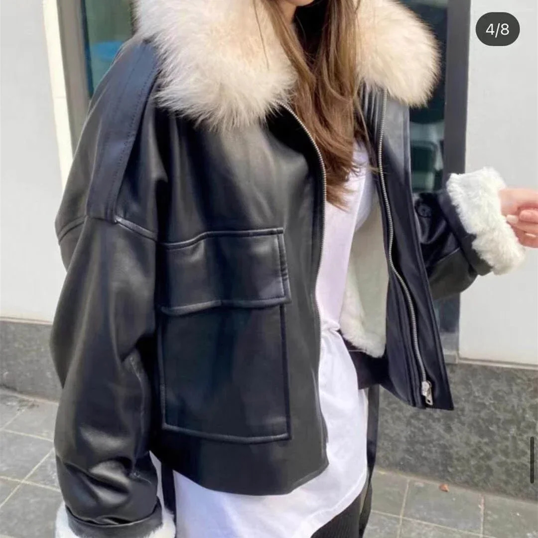 Womens Winter PU Leather Jacket Female Faux Fur Collar Fleece Coats A541 251029