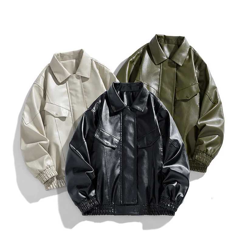 2025 casual loose PU leather jacket waterproof and windproof outdoor motorcycle jacket mens lapel leather jacketT251029