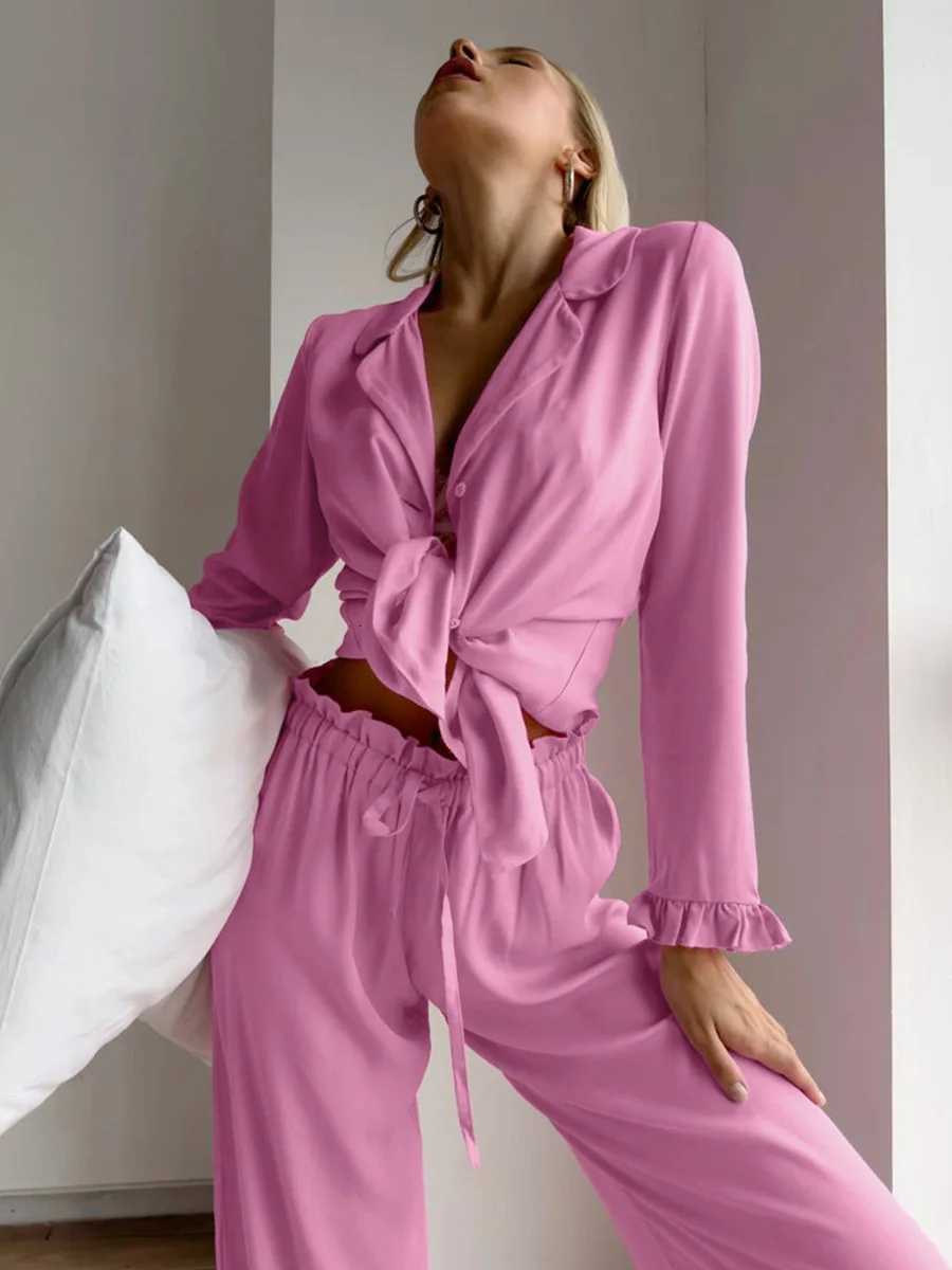 Blubelle Lotus Leaf Side Length Sleeve Long Pants Pajama Set Autumn New Womens Solid Color Cardigan Pajama Casual Home Suit SetT251029