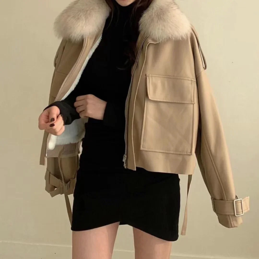Womens Winter PU Leather Jacket Female Faux Fur Collar Fleece Coats A541 251029