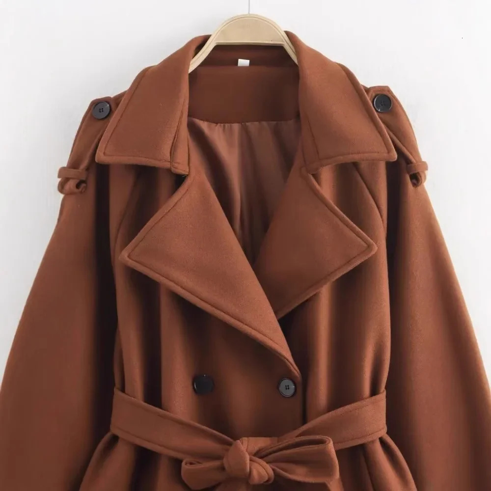 Fashionable Long Loose Coat with Waist Belt And Double Row Buttons Elegant Womens Woolen Overcoat Simple Independent Station St 251029