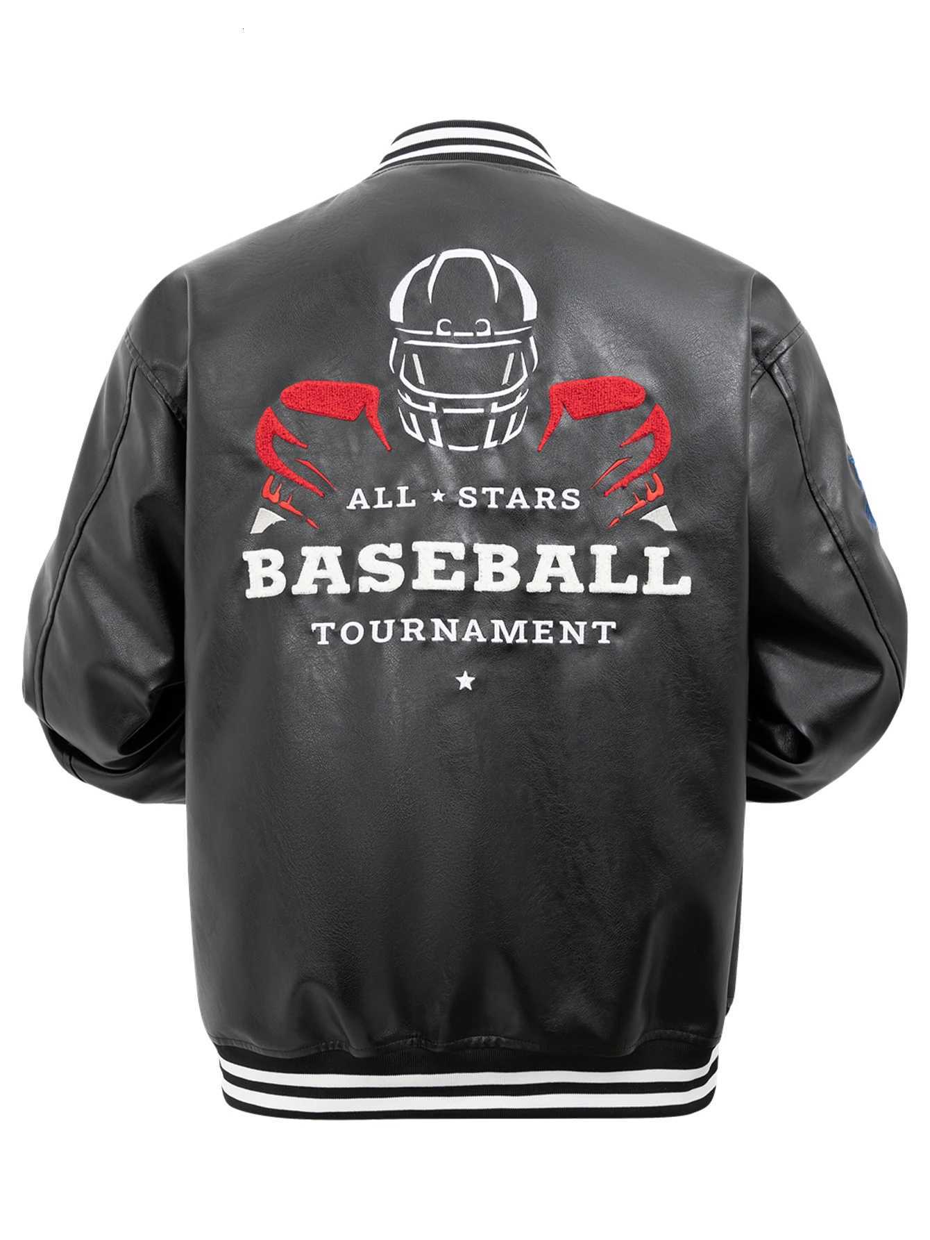Mens PU Faux Leather Jacket Embroidery SnapButton Baseball Coat Vintage Biker Outerwear StreetwearT251029