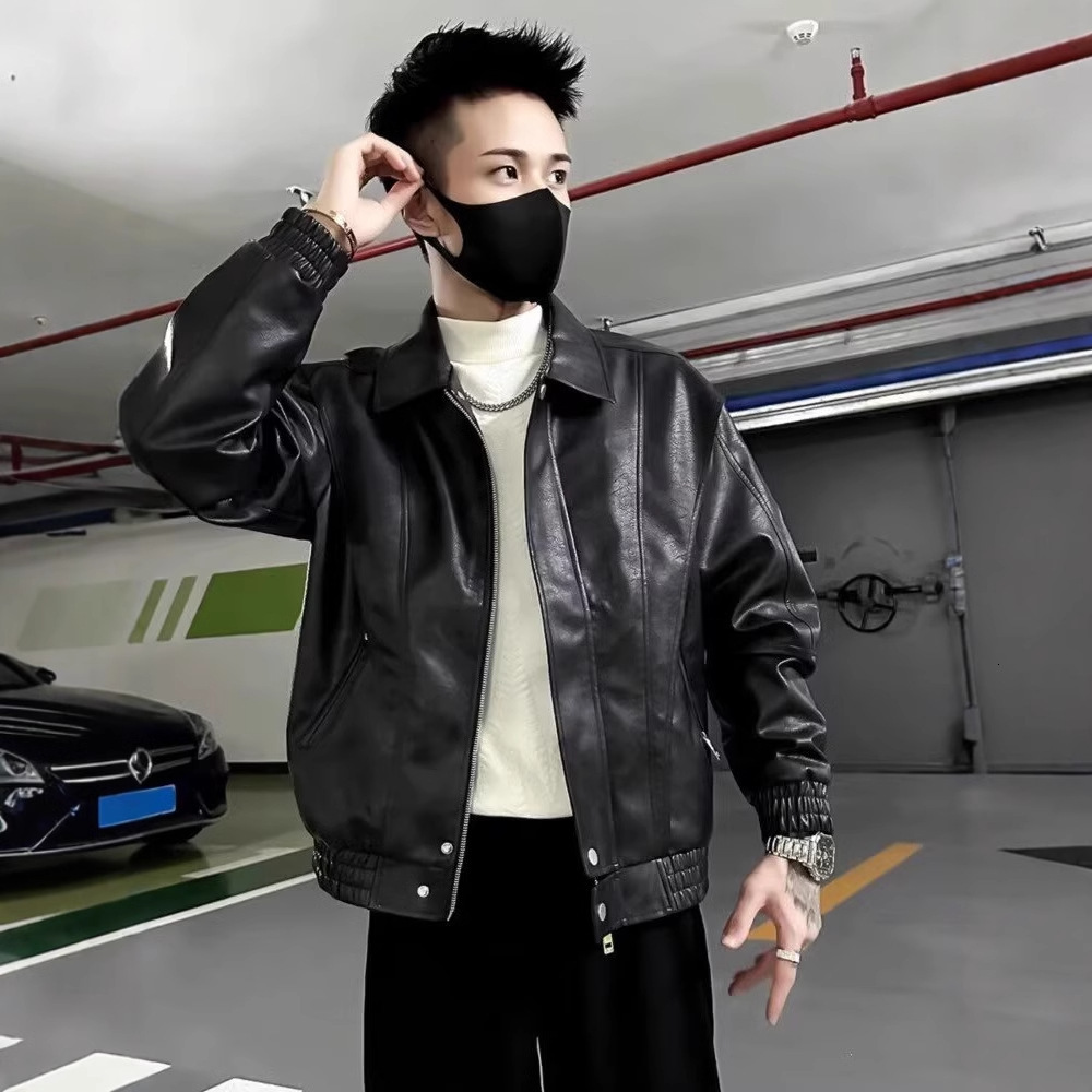 American Style Men's Leather Jacket Designer Jacket Spring Autumn Fashion Trendy Brand Cool Versatile Turn-down Collar Jacket New Men's Shor