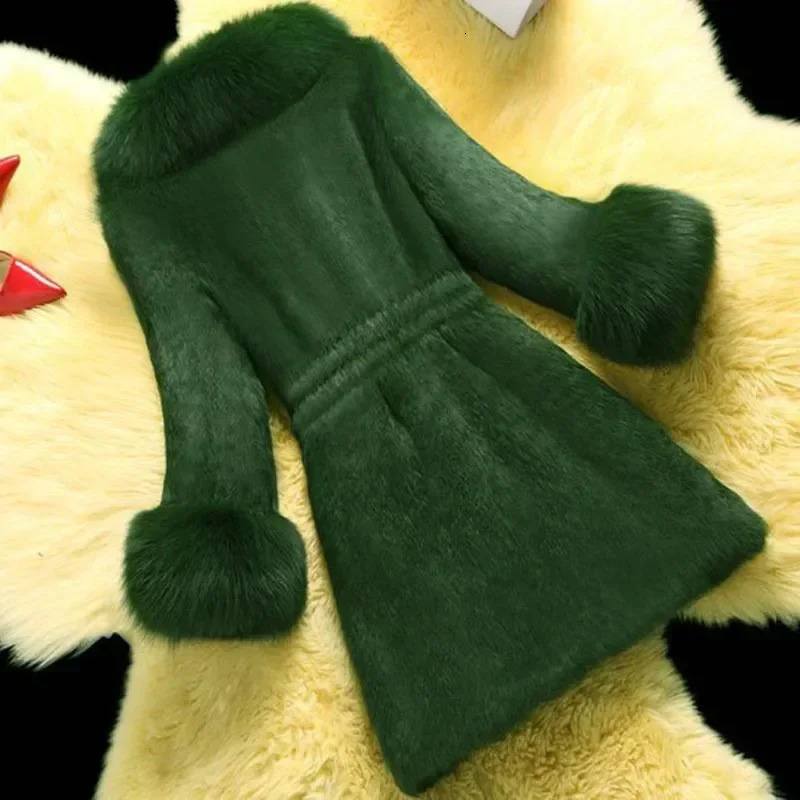Korea Fashion Rabbit Hair Jacket Womens Elegant Fur Coat Female Clothing Winter Slim Warm MidLong Overcoat 251029