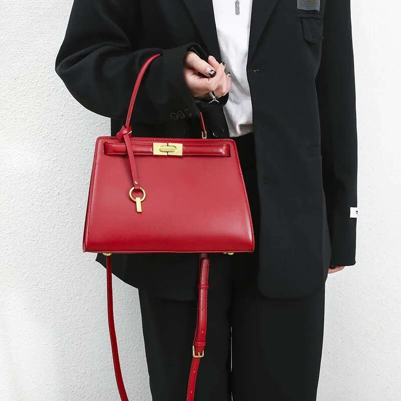Fashion Chinese Red Dress Style Bride Tote Split Leather Women Shoulder Bag All match Commuter Office Ladies Handbag