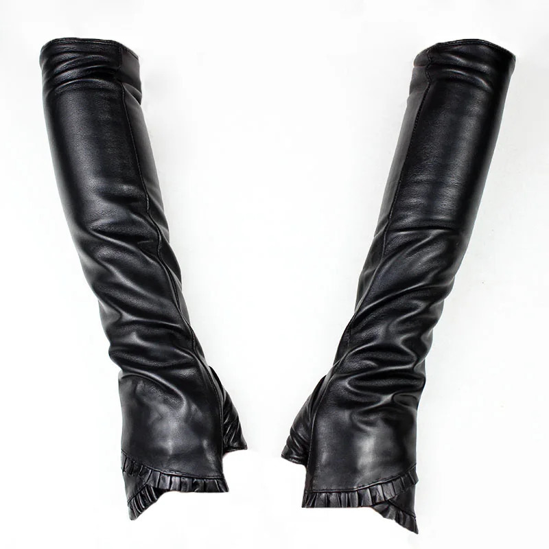 Long Sheepskin Fingerless Leather Gloves Womens Fashion Thick Velvet Lining Autumn and Winter Warm Half Finger Sleeves 251013