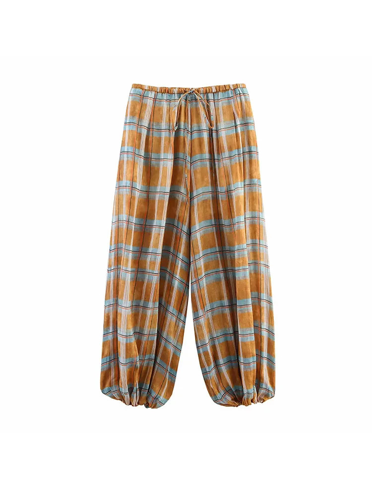 Womens Autumn Fashion Versatile Ramie Bloomers Plaid Printed Loose Pants Female HighWaist Drawstring Casual Trousers 251029