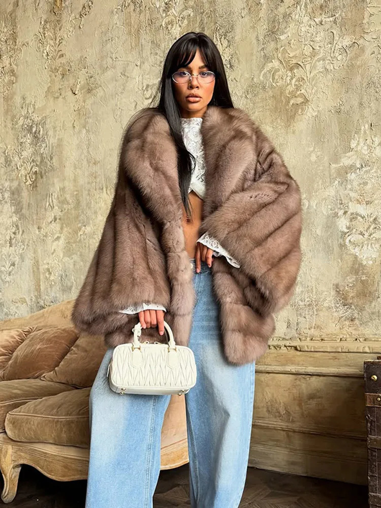 Winter Warm Faux Fur Jackets Women Fashion Loose Pleated Coats Chic High Street Female Long Sleeves Fluffy Lapel Outerwears 251028