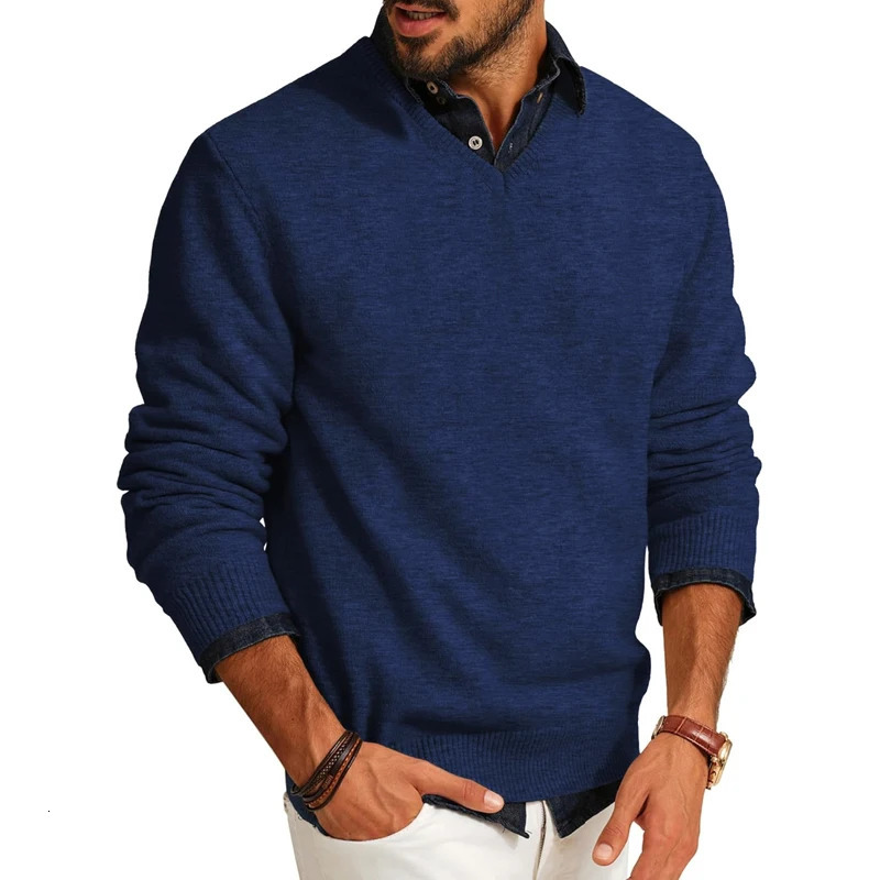 Mens Casual V Neck Pullover Sweaters Lightweight Wool Long Sleeve Knit Sweater Slim Fit Outwear Autumn Business Tops 251029