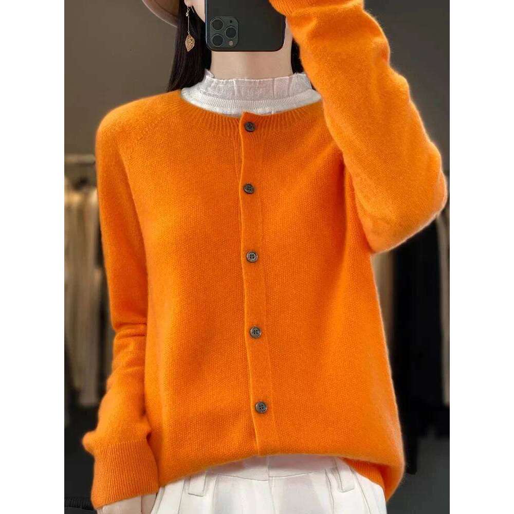 Aoaiiys Cardigan Women Fashion 100% Wool Cardigans Cashmere Sweater Autumn Winter Casual Coat O-Neck Long Sleeve Loose Knit Tops