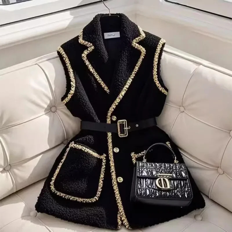 Elegant Women Black Lambhair Vest Coat y Bright Silk Edging with Belt Sleeveless Blazers Spring Winter Outerwear 251027