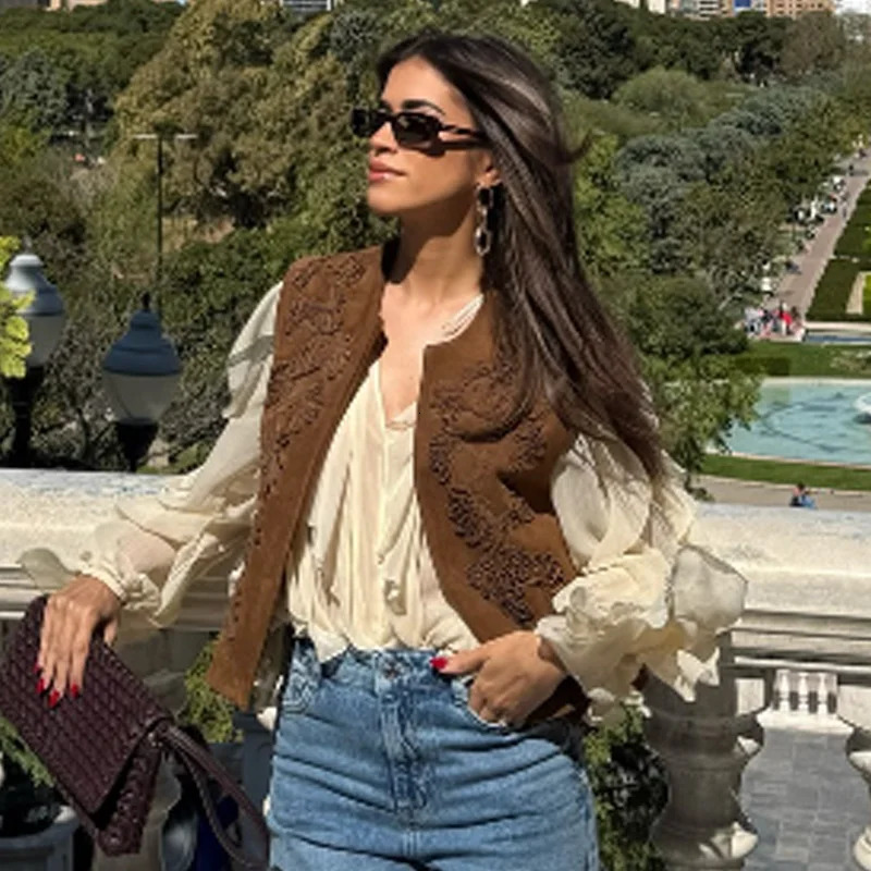 HXAO 2025 Womens Vest Crop Embroidered Vest Spring Suede Waistcoat Sleeveless Vest Cardigan Outerwear Giletes For Women 066 251029