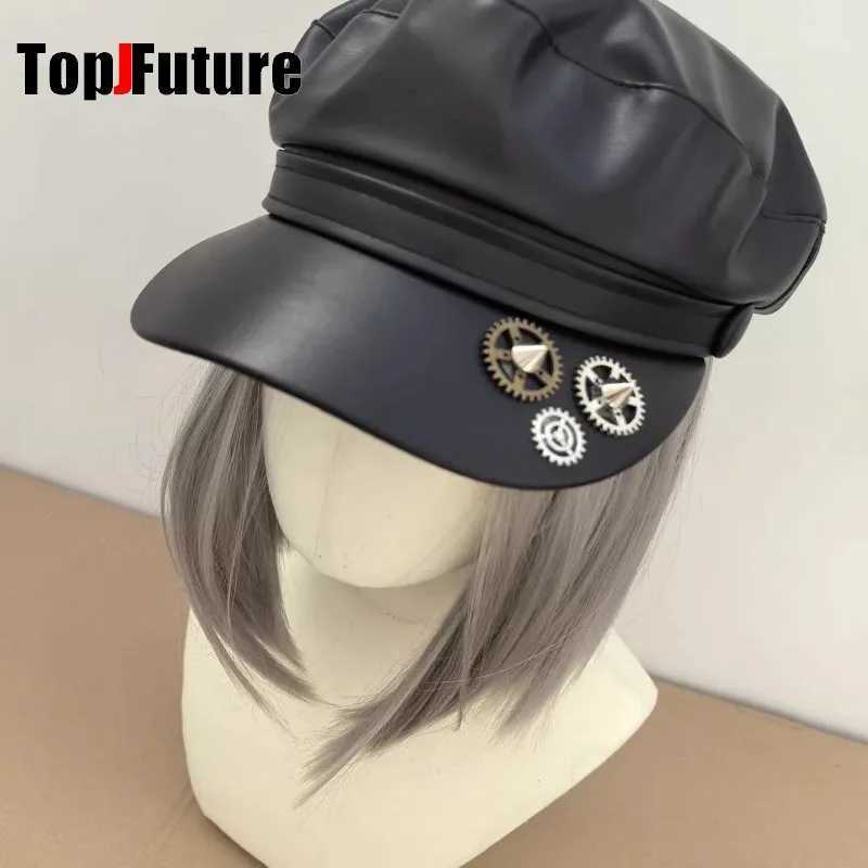 Steampunk Lolita Handmade Gear Monocular Protective Mirror Newspaper Hat Dark Gothic Rivet Duckbill cap Women Men Leather cap