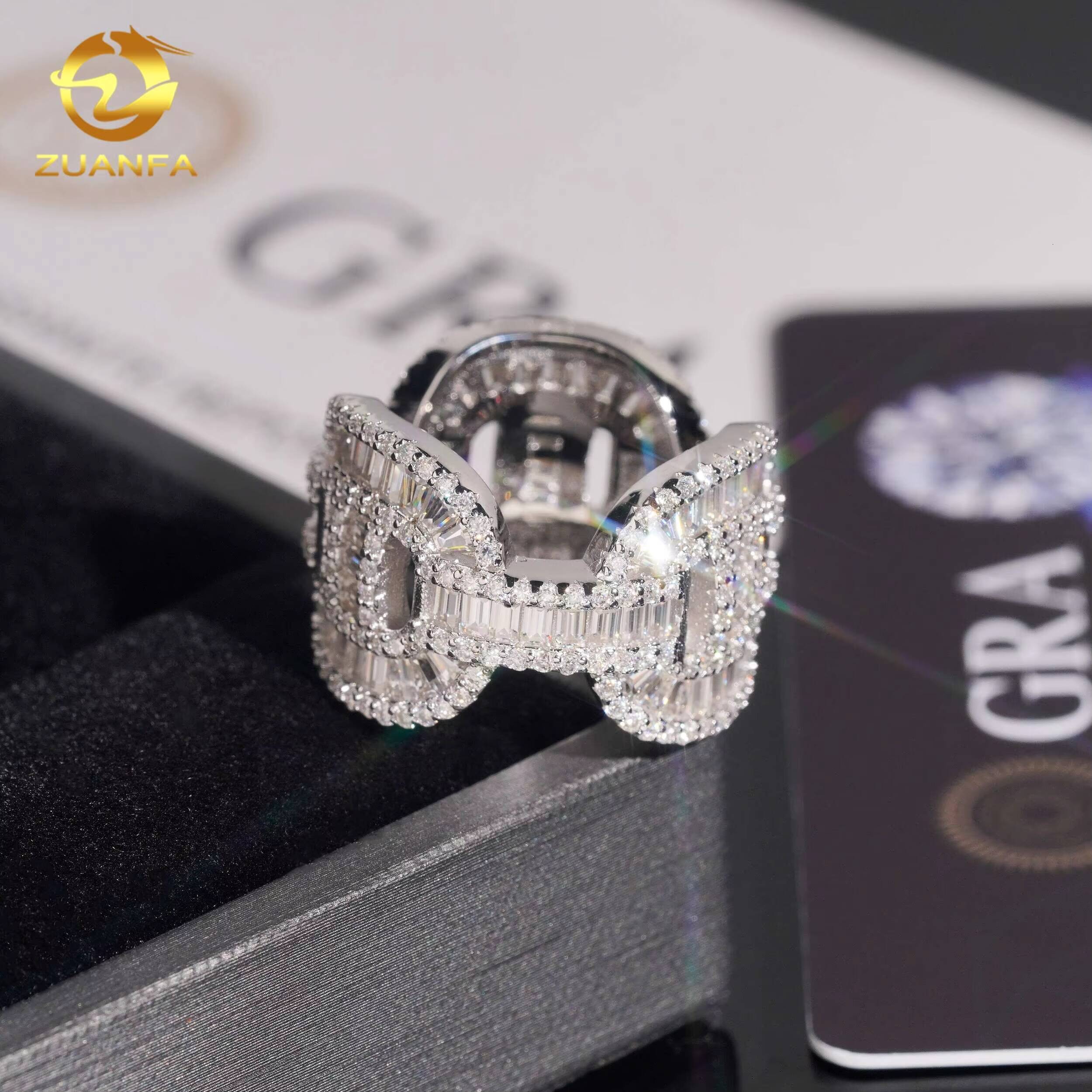 Hip Hop Style Pig Nose Baguette Cut Moissanite Men Diamond Rings 925 Silver Ice Out Ring Hip Hop Ring
