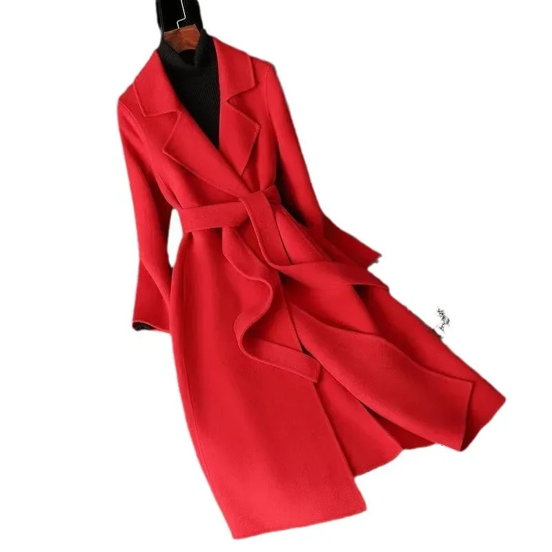 Autumn Winter Womens MidLength Woolen Coat SlimFit KneeHigh Belted HighEnd Polyester Fiber Outerwear Fashionable Coat 251029
