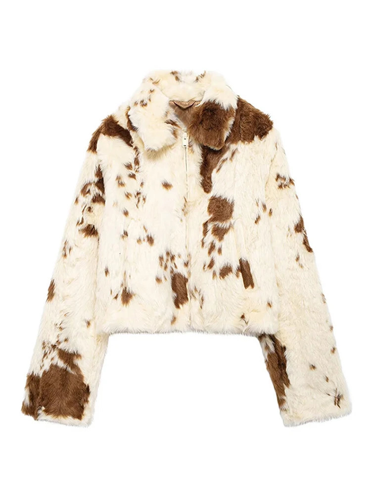Faux Fur Contrast Women Coat 2025 Lapel Zipper Long Sleeve Female Coats Vintage Autumn Winter Pocket Thicken Warm Lady Outwear 251029