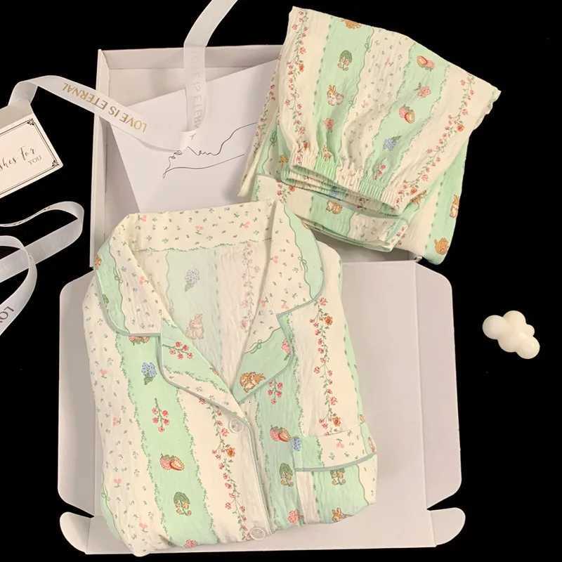 Four Seasons Women Pajamas Cloud Cotton Floral Stripe Long Sleeve Trousers Print Cardigan Student Nightwear Girl SleepwearT251029