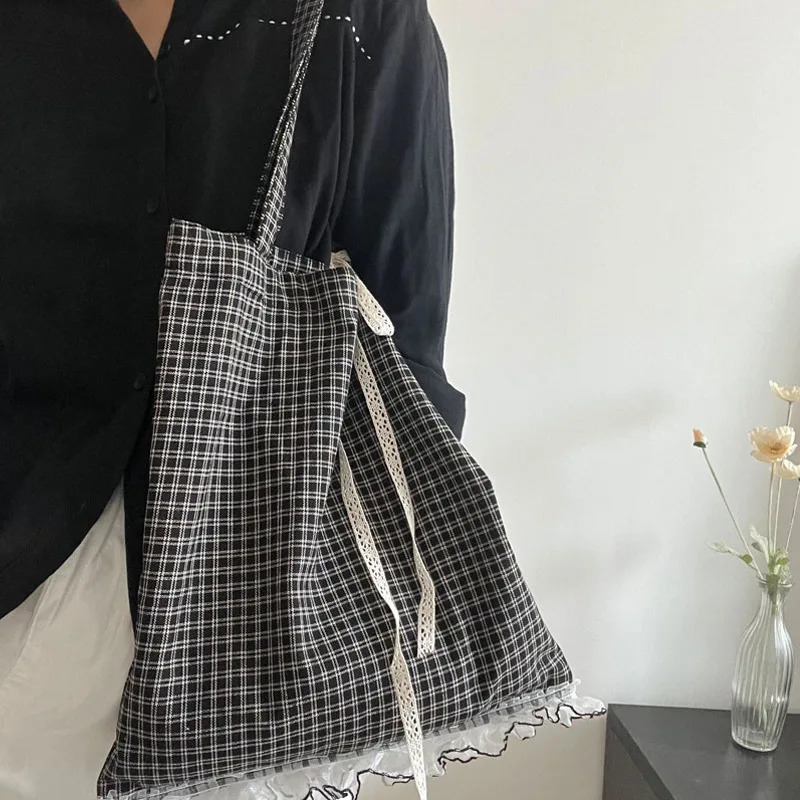 Retro Plaid Sweet Lace Womens Shoulder Bags Casual Portable Ladies Shoppping Bag Lightweight Travel College Tote Handbags 251029