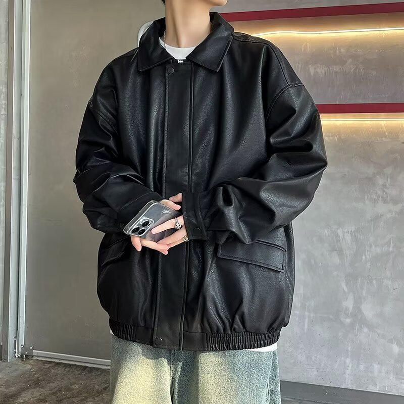 American Style Leather Jacket For Men Spring And Autumn, High-end Feel Cool And Trendy Brand Casual Designer Jacket Loose PU Leather Turn-down Collar 