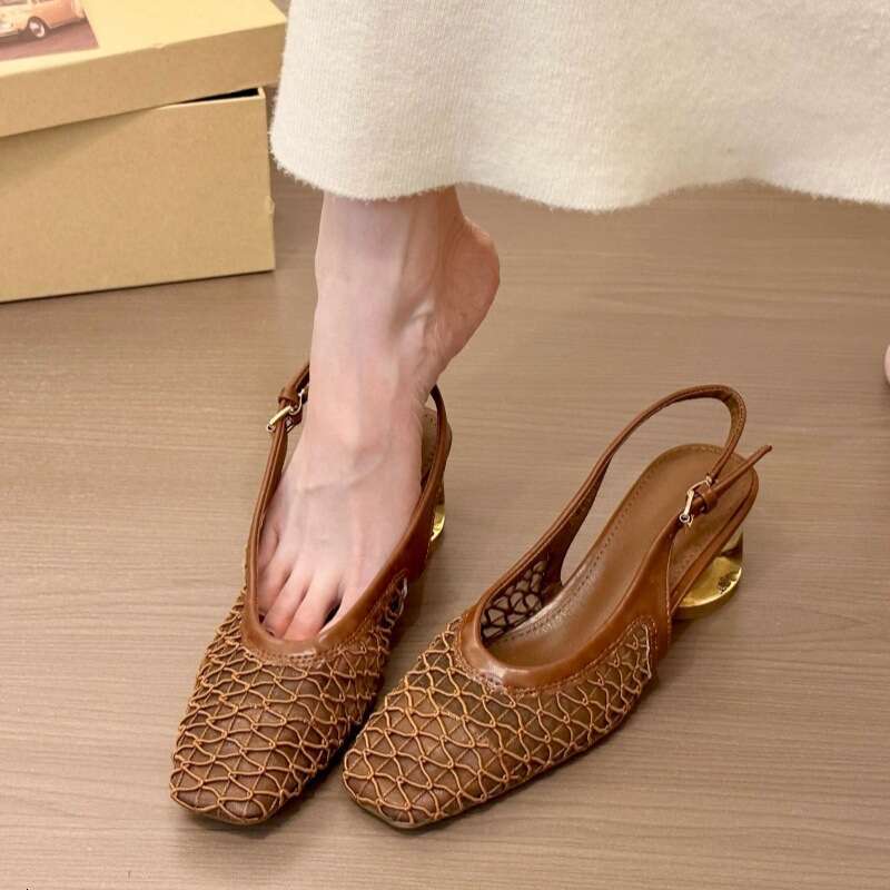 Modern Heroine Temperament Square Toe Designer Shoe Women's 2025 Spring New French Style Woven Backless Crystal Chunky Heel Non-Slip Single Shoe
