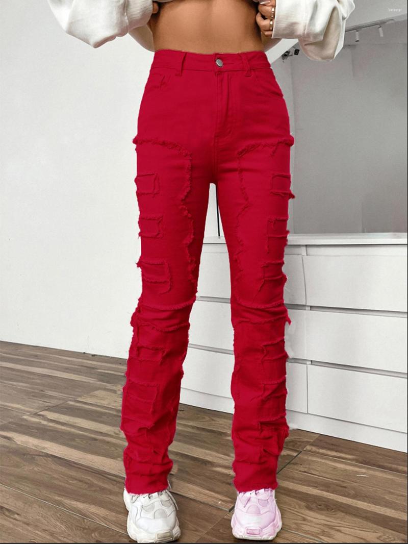 Womens Jeans Denim Embroidered Straight Pants European And American Ins Elastic Patch Laminated Women Z260313