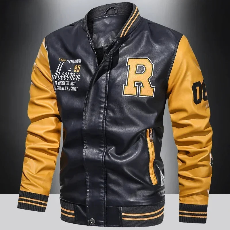Mens American Baseball Collar Pilot Casual PU Spring and Autumn Leather Jacket Motorcycle Suit Color Blocking 251028