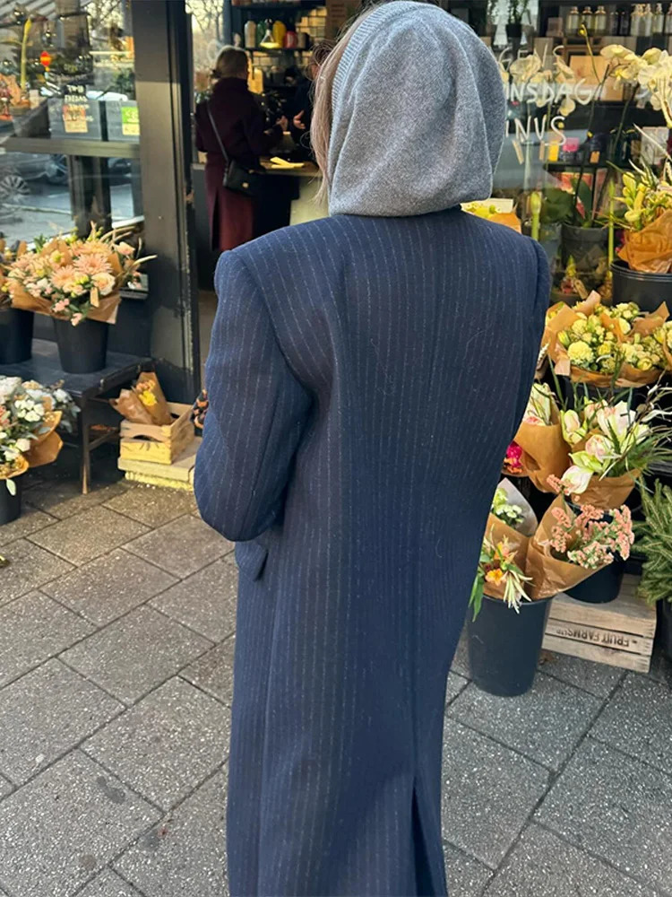 Elegant Striped Long Woolen Coat Women Shoulder Pads Lapel Double Breasted Full Sleeve Overcoat Autumn Winter Warm Outwear 251028