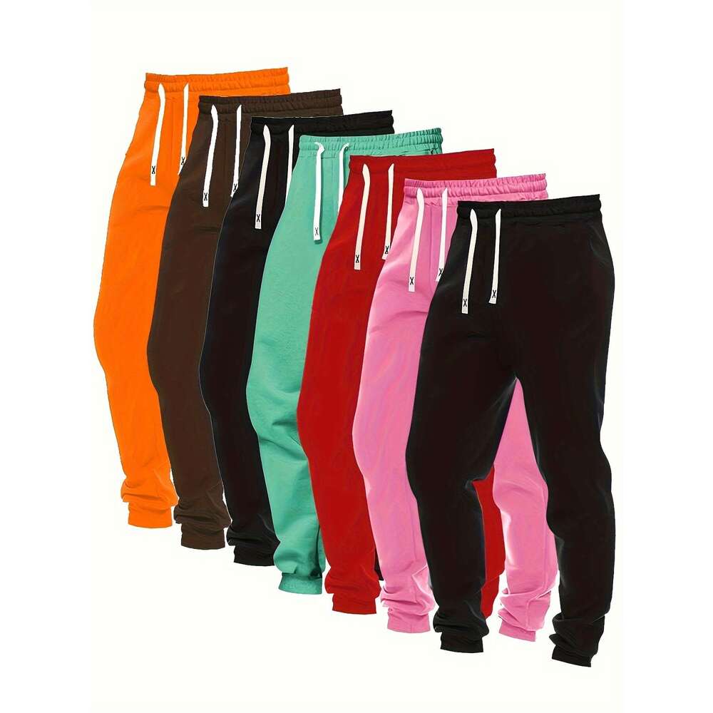 7-Pack Women's Casual Outdoor Long Pants with Pockets, Drawstring Running Sports Pants, Polyester & Spandex Blend, Slight Stretch, Geometric Patt