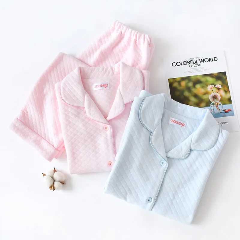 New autumn and winter pajamas ladies pure cotton longsleeved thick warm winter home service suit solid color cardigan sleepwearT251029