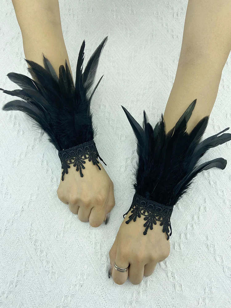 Natural Feather Sleeve Cuffs Gloves Party Cosplay Lace Wrist Cuffs Fur Sleeve Furry Accessories Carnival Stage Show Costume 251029