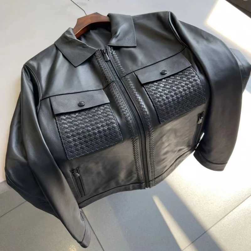 Mens ZipUp Leather Jacket Lapel Vintage Biker Style Business Casual Autumn Winter Windbreak Coat for MiddleAged Young BlackT251029