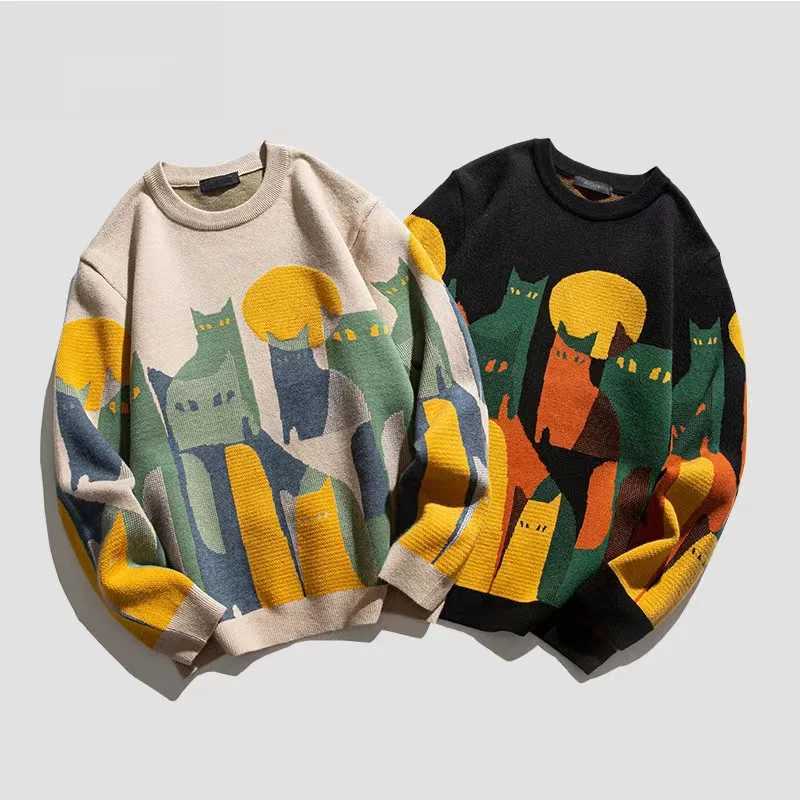 2023 Autumn Knitted Sweater Men Women Winter Harajuku Cartoon Full Cat Print Pullover Vintage Causal Loose Sweaters Streetwear J251029