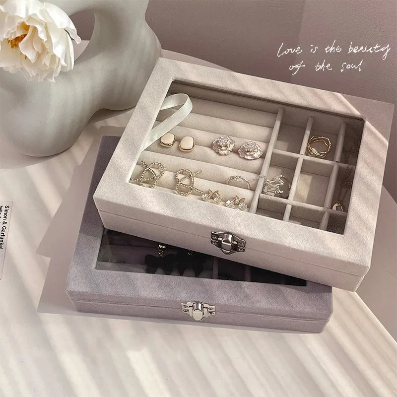 Jewelry Storage Box with Transparent Flip Cover Ring Earring Necklace Bracelet Display Case Velvet Show Prop 251013