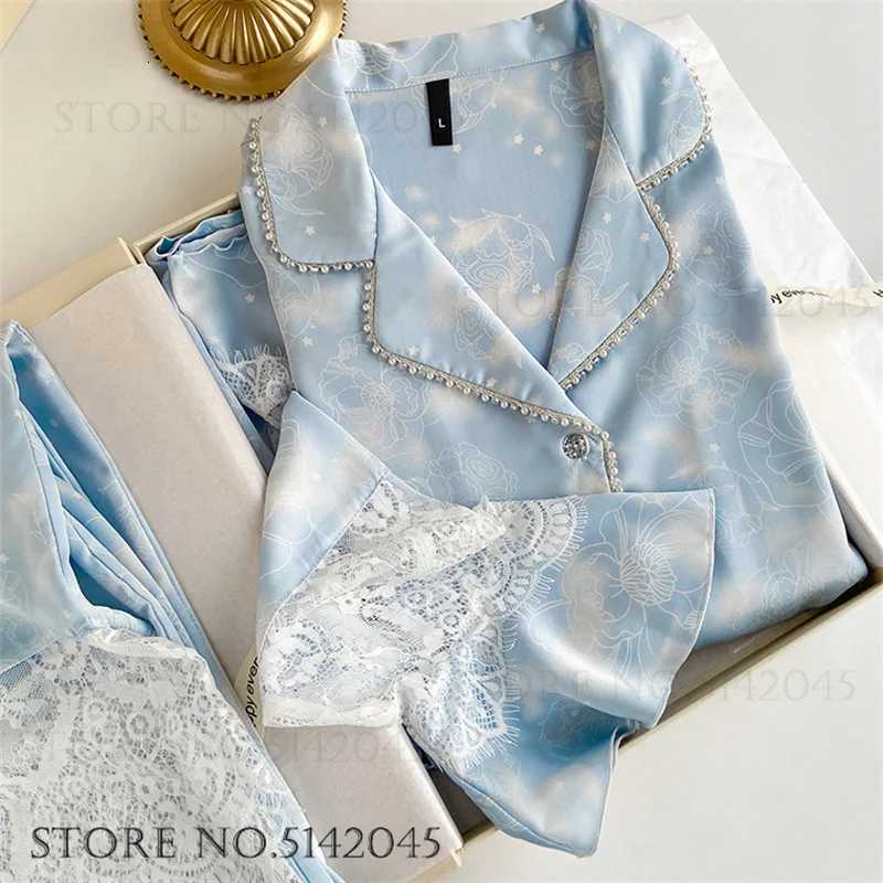 Luxury Silk Satin Female Pajamas Sleepwear 2PCS Set Fashion Bead Lace Home Clothing Trouser Suits Spring New Loose Lounge WearT251029