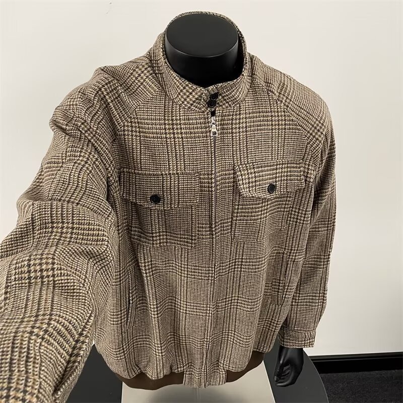 High-end Houndstooth Woolen Jacket Men's Trendy Designer Jacket Short Coat American Stand Collar Baseball Jacket