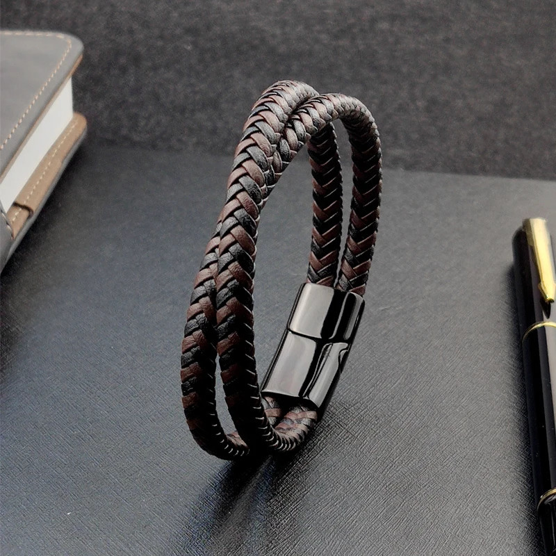 Steel Bracelet Double Layer Brown Black Leather Braided Rope Man High Quality Stainless Steel Magnetic For Women Gift 251013