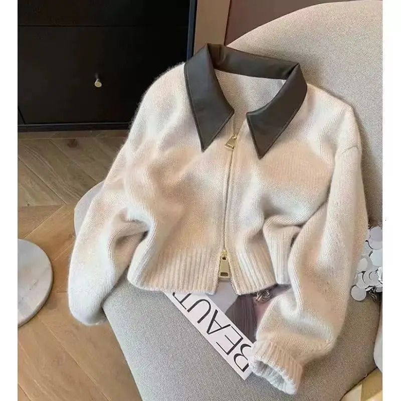Patchwork Zipper Cropped Cardigan Women 400g Thick Autumn Knitted Sweater Bomber Jacket Vintage 2000s Short Fitted Knitwear Coat 251029