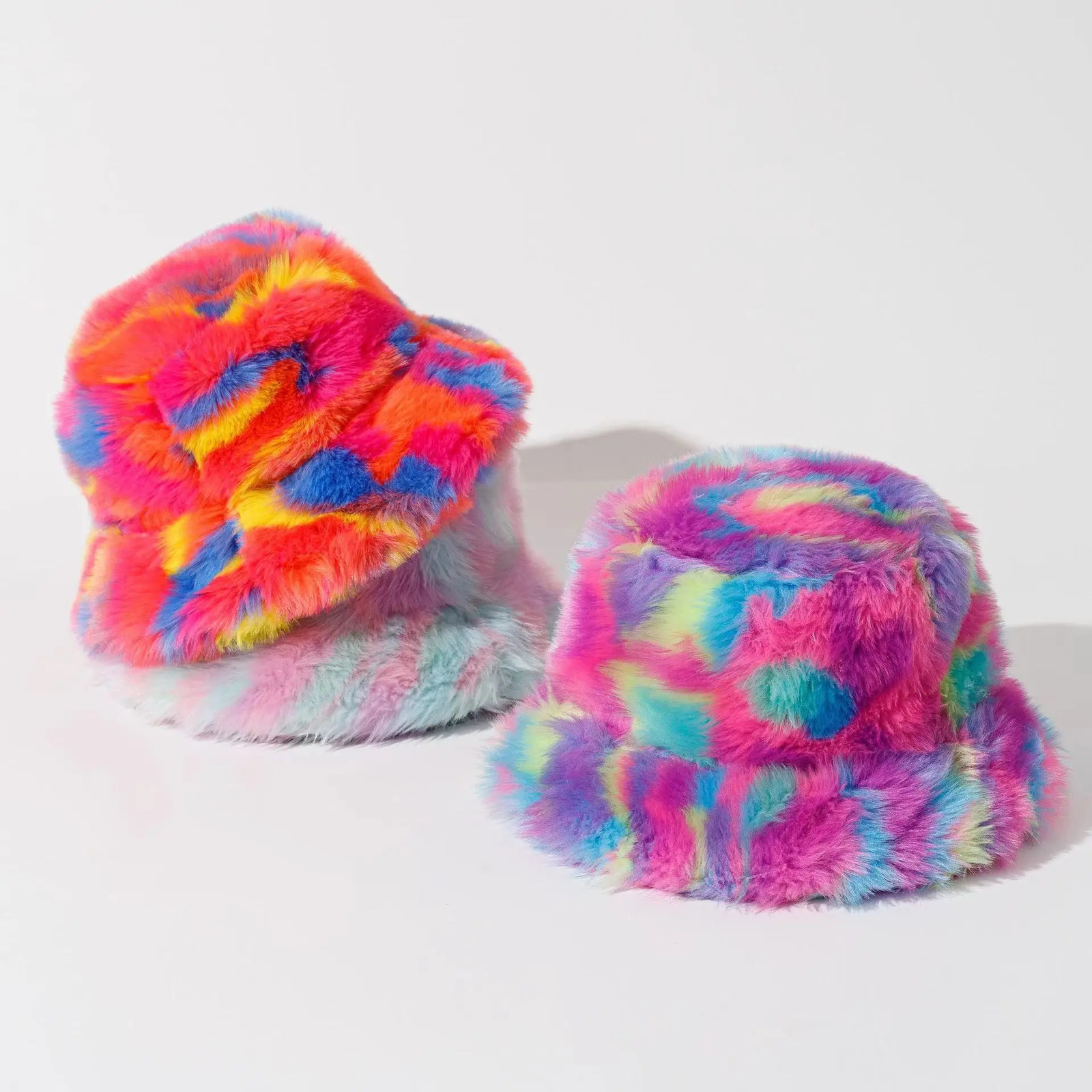 rainbow flat roof Fashion Autumn Winter Leopard Fur Bucket Hat ball Plush Fisherman Soft Warm Thick Basin Hats 251013