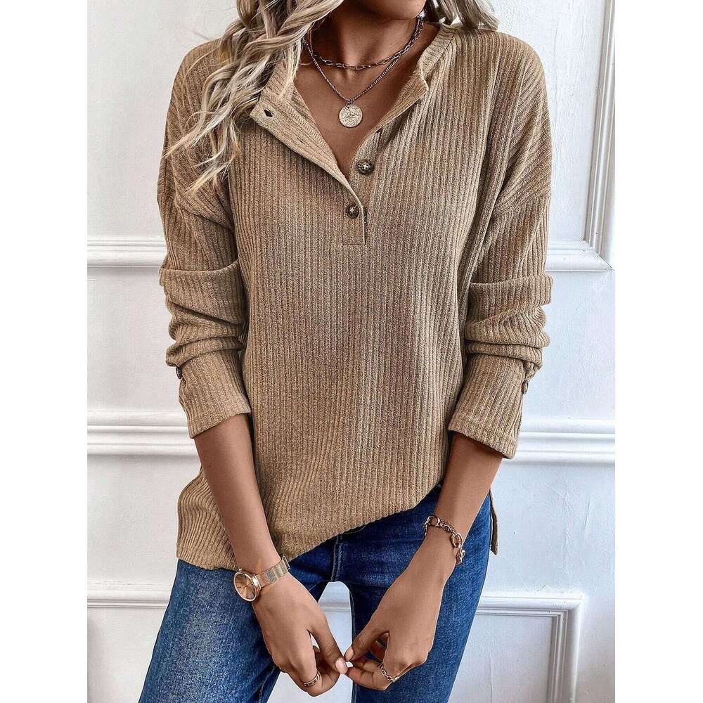 Spring And Autumn Button Ribbed Knitted Tops Casual Sweater All-Match Solid Color Long-Sleeved Pullover V-Neck Top